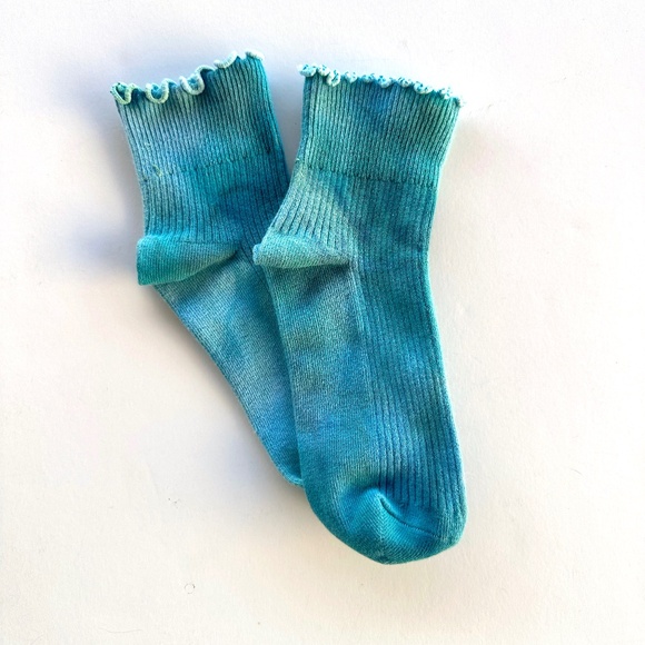 Deep Teal Ruffle Socks Spruce Green Tie Dye Mid Crew Socks Ice Dye Hand Dyed - Picture 1 of 4